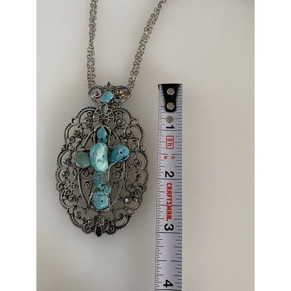 Silvertone Large Oval Cross Shaped Faux Turquoise Stone 16” Necklace Pendant Box - Picture 9 of 16